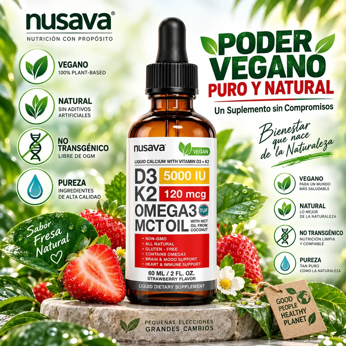 NUSAVA VITAMINA D3 + K2 OMEGA 3 MCT OIL LIQUID CALCIUM 60ML - 8