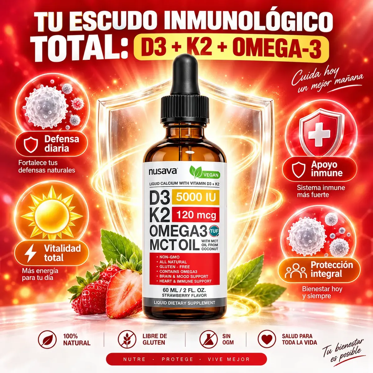 NUSAVA VITAMINA D3 + K2 OMEGA 3 MCT OIL LIQUID CALCIUM 60ML - 9