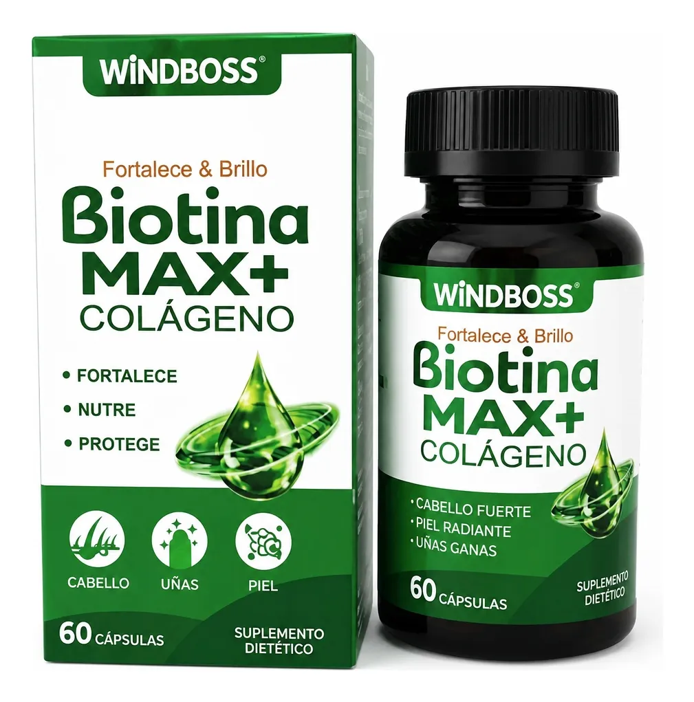 BIOTINA MAX+ CON COLÁGENO WINDBOSS FORTALECE 60 CÁPSULAS - 1
