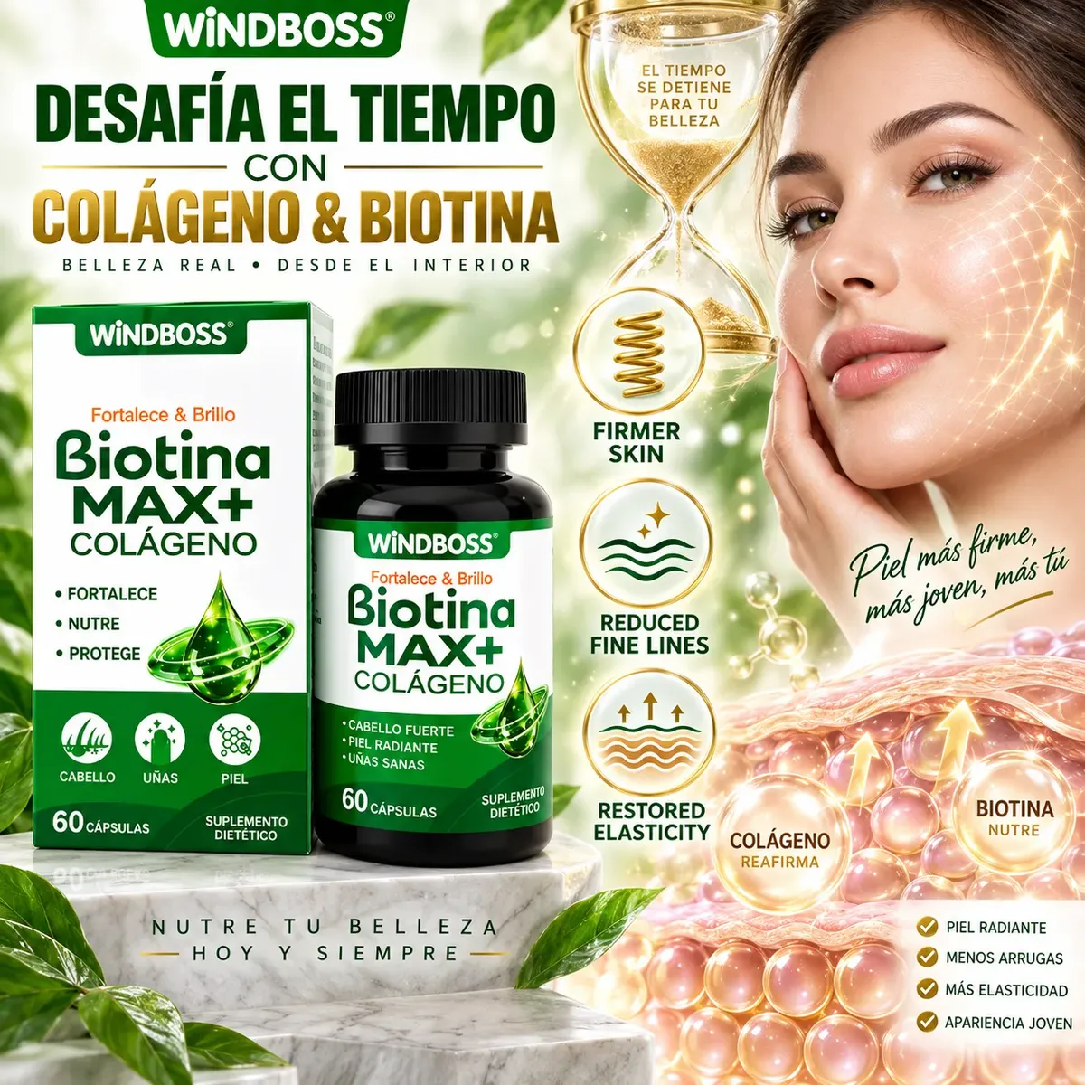 BIOTINA MAX+ CON COLÁGENO WINDBOSS FORTALECE 60 CÁPSULAS - 10
