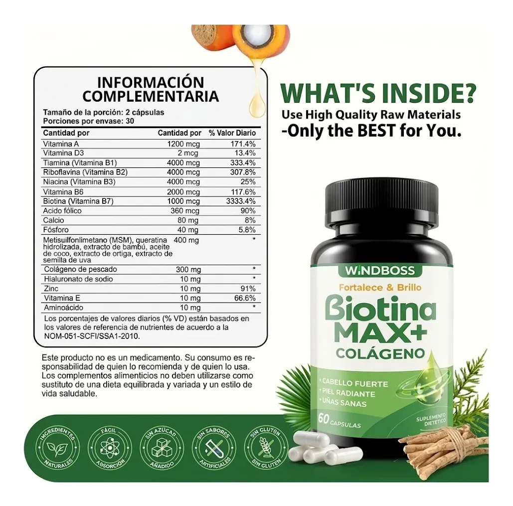 BIOTINA MAX+ CON COLÁGENO WINDBOSS FORTALECE 60 CÁPSULAS - 2