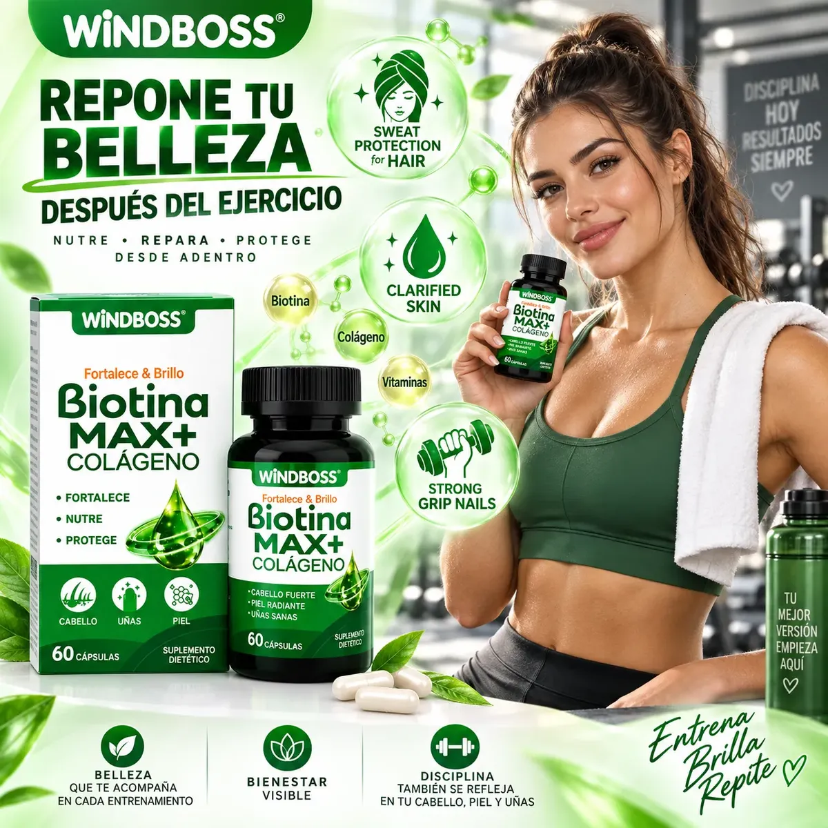 BIOTINA MAX+ CON COLÁGENO WINDBOSS FORTALECE 60 CÁPSULAS - 5