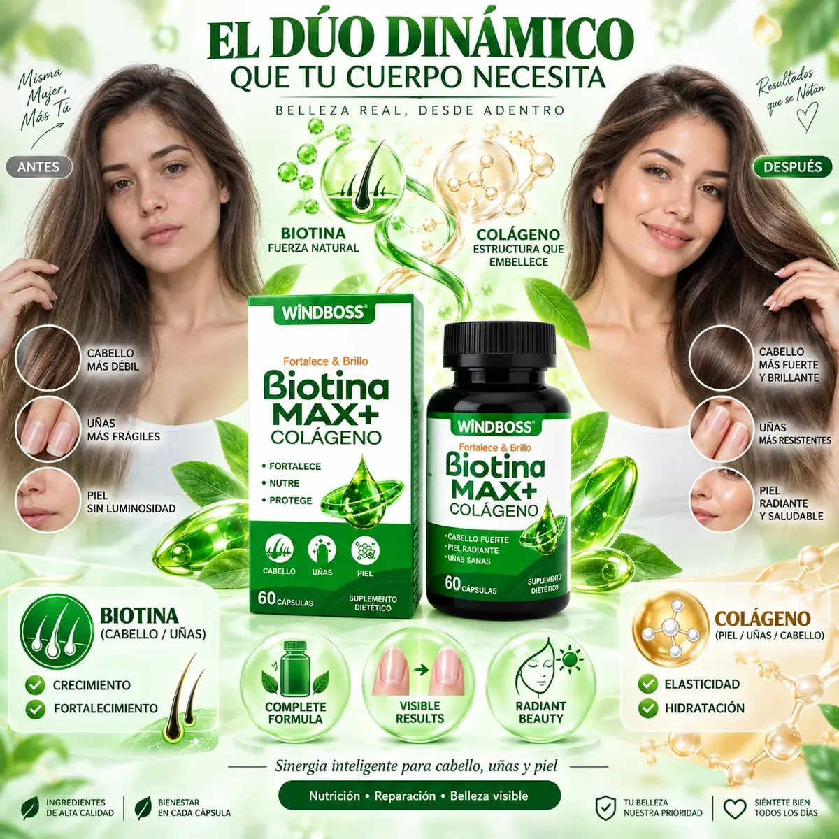 BIOTINA MAX+ CON COLÁGENO WINDBOSS FORTALECE 60 CÁPSULAS - 6