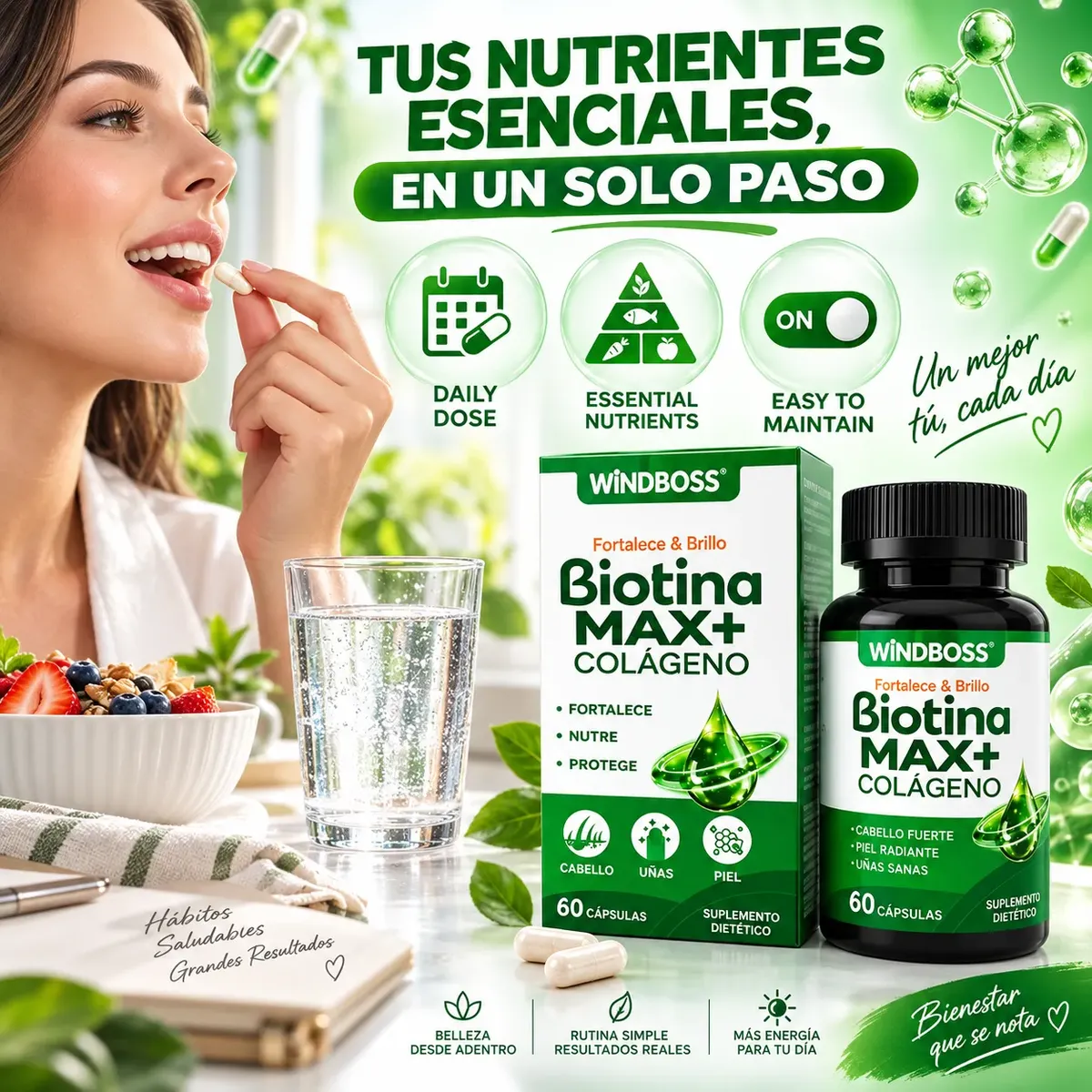 BIOTINA MAX+ CON COLÁGENO WINDBOSS FORTALECE 60 CÁPSULAS - 7