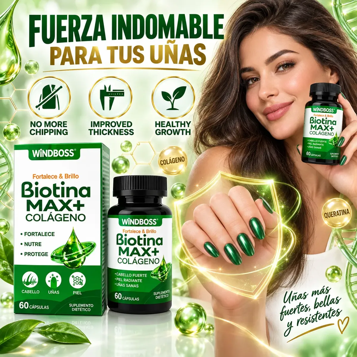 BIOTINA MAX+ CON COLÁGENO WINDBOSS FORTALECE 60 CÁPSULAS - 9