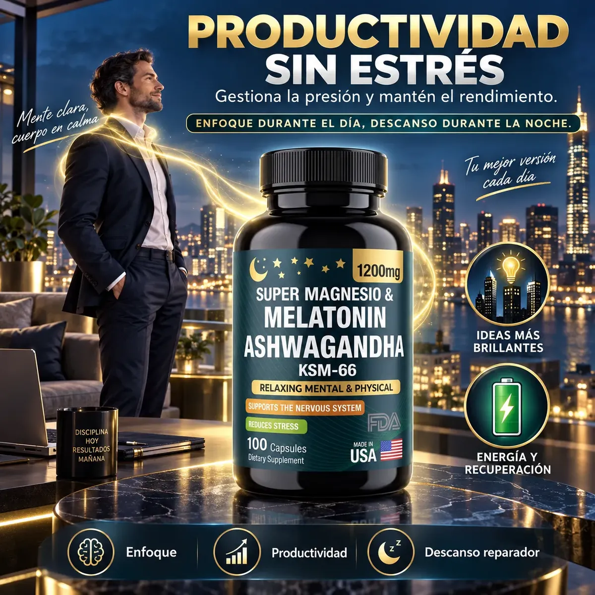 SUPER MAGNESIO MELATONINA ASHWAGANDHA KSM 66 USA 100 CÁPSULA - 5