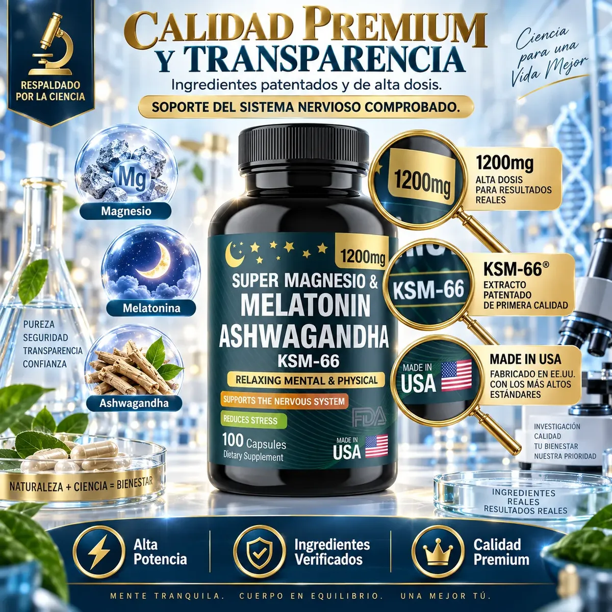 SUPER MAGNESIO MELATONINA ASHWAGANDHA KSM 66 USA 100 CÁPSULA - 6