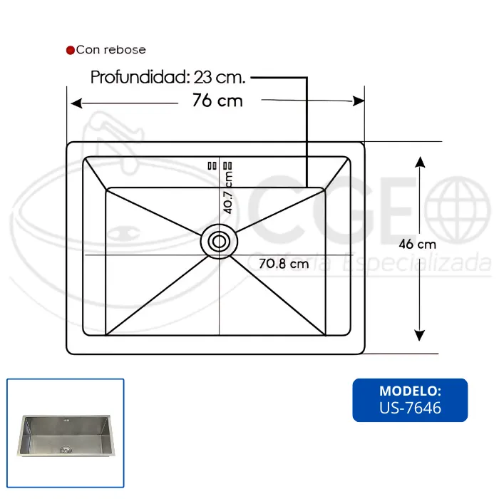 LAVADERO DE COCINA ACERO INOXIDABLE DE UNA POZA US-7646 - 3