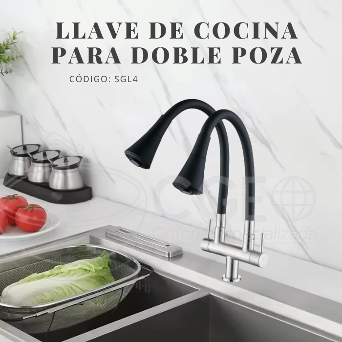 LLAVE DE COCINA CON DOBLE PICO FLEXIBLE AL MUEBLE NEGRO SGL4 - 3