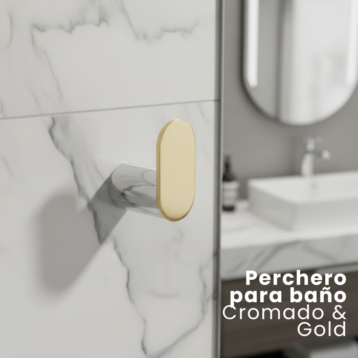 PERCHERO PARA BAÑO EN ACERO BASE REDONDA MINIMALISTA CROMADO CON DORADO F9200-3 - 2