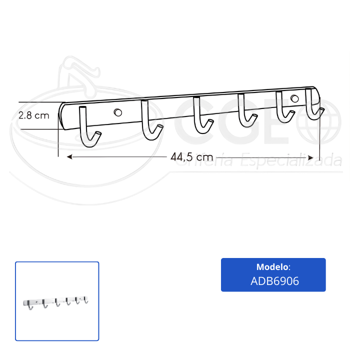 PERCHERO PARA BAÑO EN ACERO RECTANGULAR 6 GANCHOS PLATEADO ADB6906 - 3