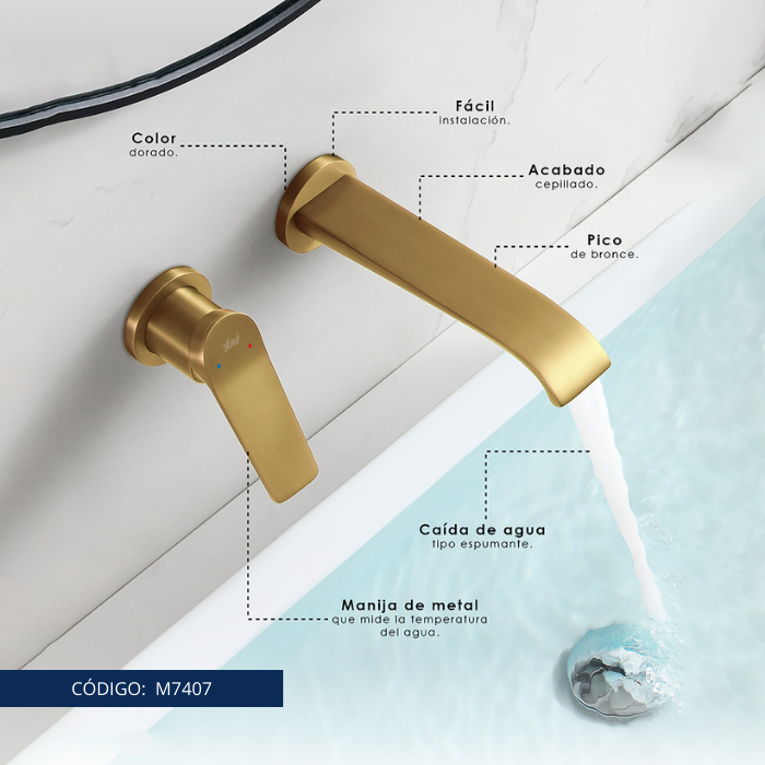 MEZCLADORA MONOCOMANDO DE LAVATORIO A PARED DORADO M7407 - 2