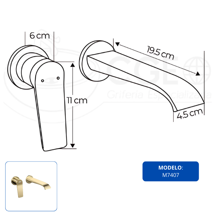 MEZCLADORA MONOCOMANDO DE LAVATORIO A PARED DORADO M7407 - 5