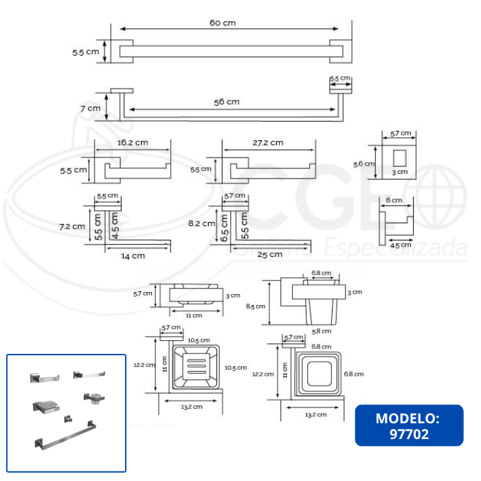 SETS DE BAÑO DE 6 PIEZAS CROMADO CUADRADO 97700 - 3