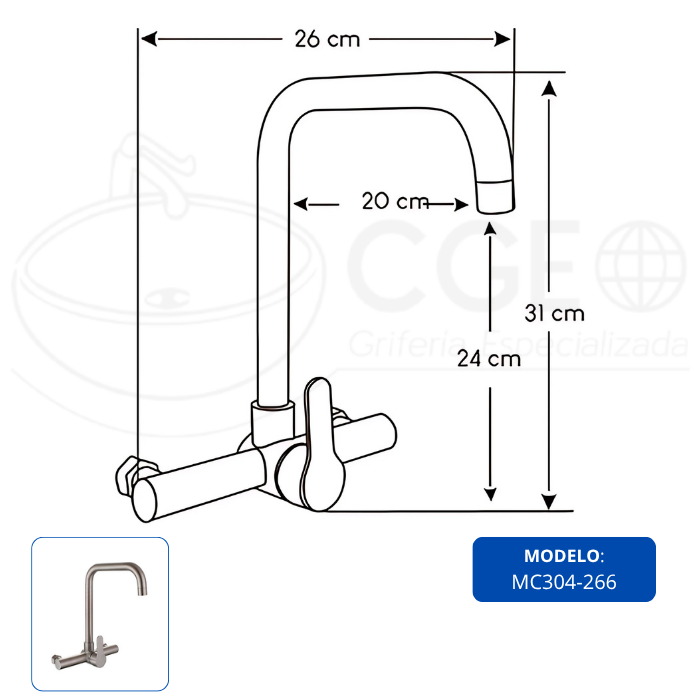 MEZCLADORA MONOCOMANDO PARA COCINA A PARED SATINADO MC304-266 - 3