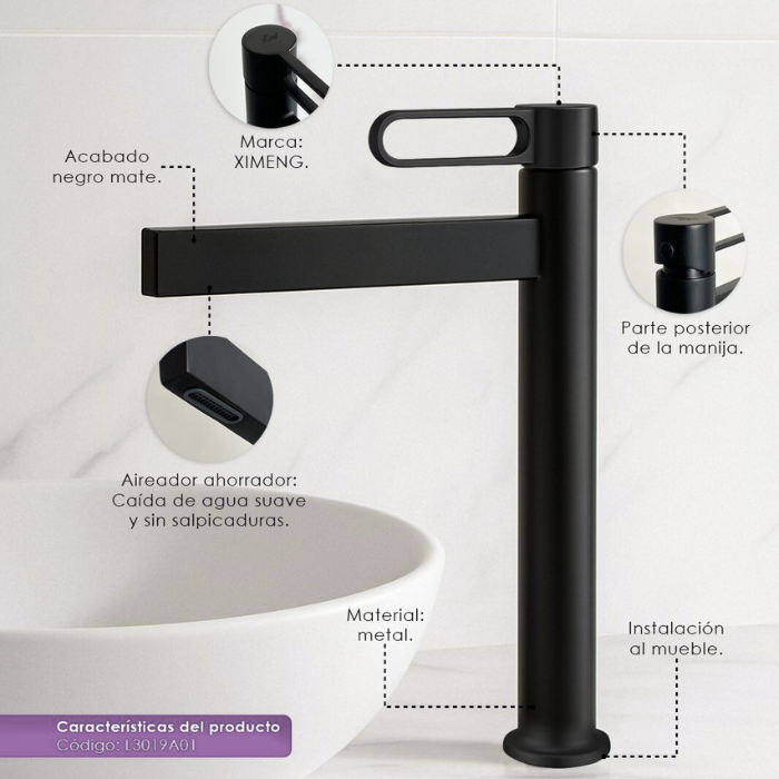 LLAVE PARA LAVATORIO ALTO MUEBLE NEGRO L3019A01 - 2
