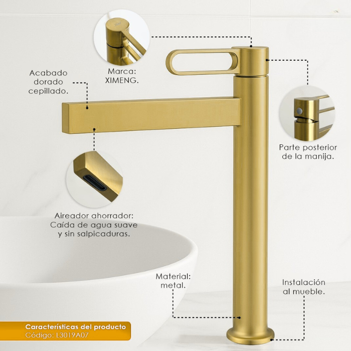LLAVE PARA LAVATORIO ALTO MUEBLE DORADO L3019A07 - 2