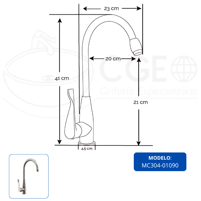 MEZCLADORA MONOCOMANDO PARA COCINA SATINADO MC304-01090 - 6