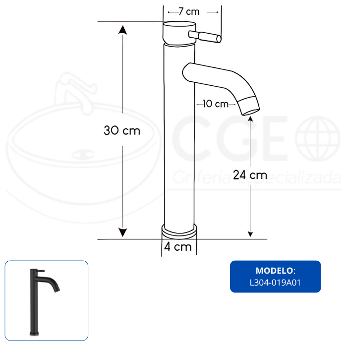 LLAVE PARA LAVATORIO ALTO LIVIANO NEGRO L304-019A01 - 4
