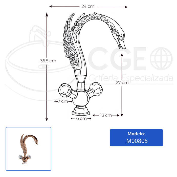 MEZCLADORA PARA LAVATORIO AL MUEBLE TIPO CISNE ROSE M00805 - 7