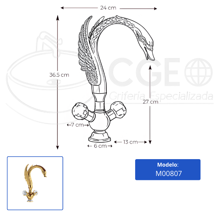 MEZCLADORA PARA LAVATORIO AL MUEBLE TIPO CISNE DORADO M00807 - 7