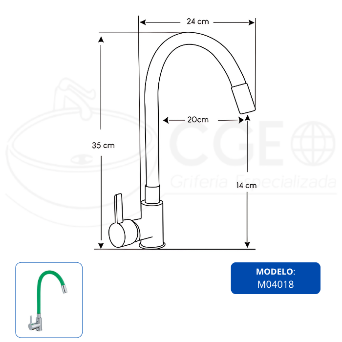 MEZCLADORA MONOCOMANDO PARA COCINA PICO FLEXIBLE VERDE M04018 - 3