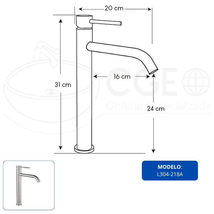 LLAVE PARA LAVATORIO ALTO SATINADO L304-218A - 3