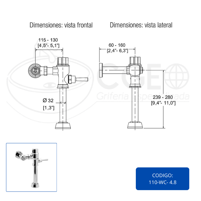 FLUXÓMETRO PARA INODORO INDIRECTO 110-WC 4.8 LTS HELVEX - 3