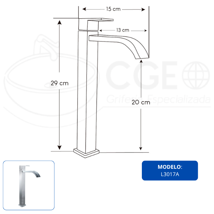 LLAVE PARA LAVATORIO ALTO CASCADA CROMADO L3017A - 3