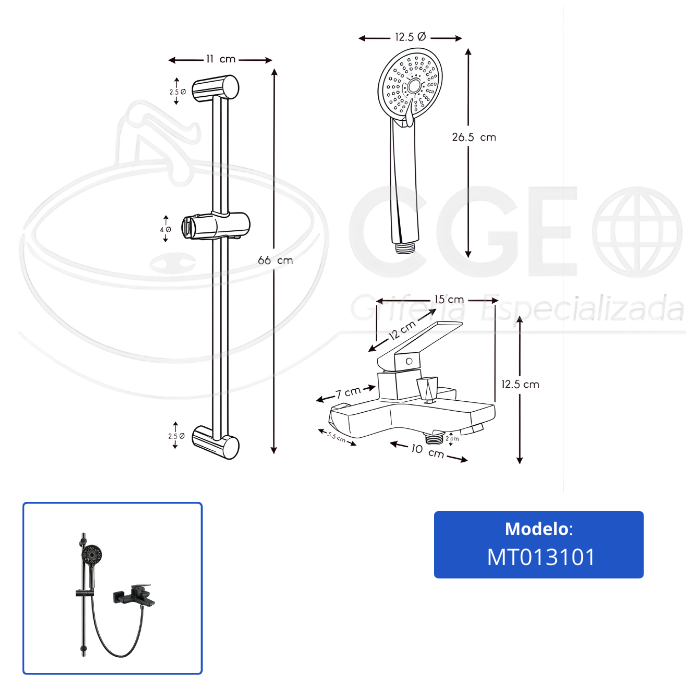 MEZCLADORA MONOCOMANDO PARA DUCHA TELEFONO CON BARRA GUN NEGRO MT013101 - 4