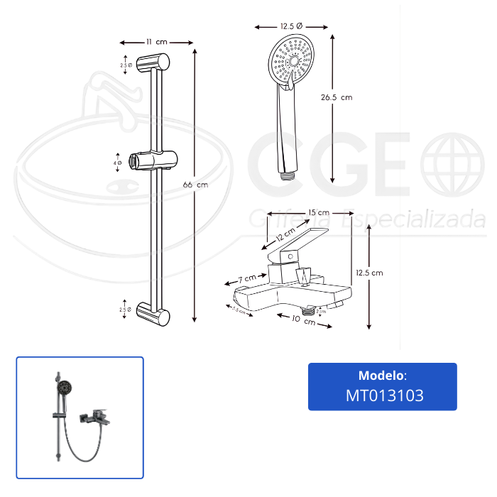 MEZCLADORA MONOCOMANDO PARA DUCHA TELEFONO CON BARRA GUN GREY MT013103 - 4