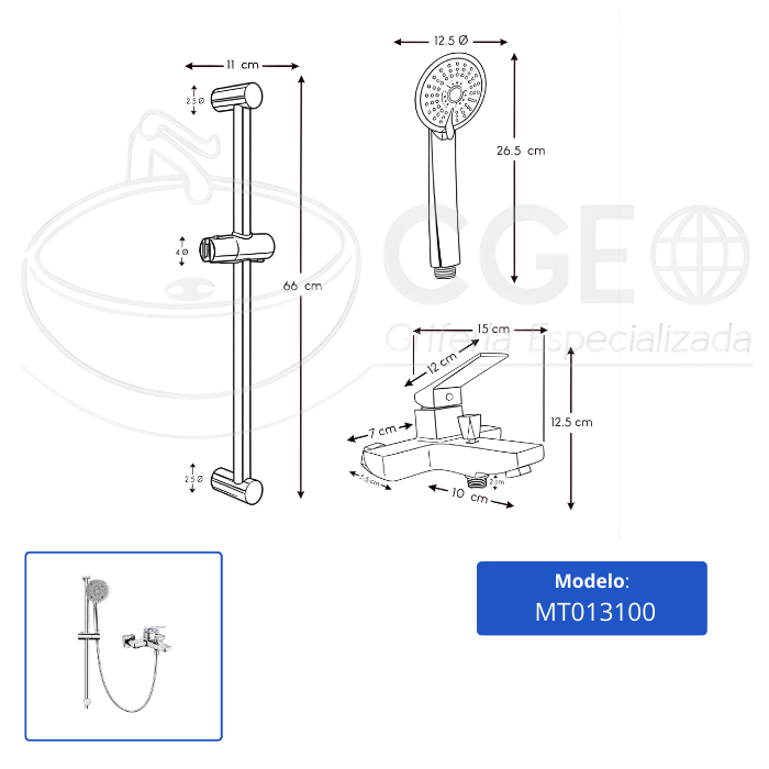 MEZCLADORA MONOCOMANDO PARA DUCHA TELEFONO CON BARRA CROMADO MT013100 - 4