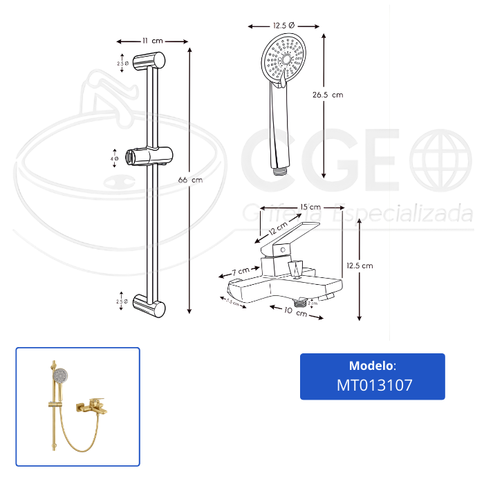 MEZCLADORA MONOCOMANDO PARA DUCHA TELEFONO CON BARRA DORADO MT013107 - 4