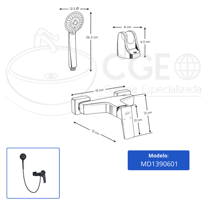 MEZCLADORA MONOCOMANDO PARA DUCHA TELEFONO NEGRO MD1390601 - 3