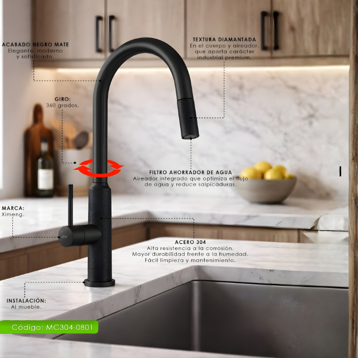 MEZCLADORA MONOCOMANDO DE COCINA NEGRO MC304-0801 - 3