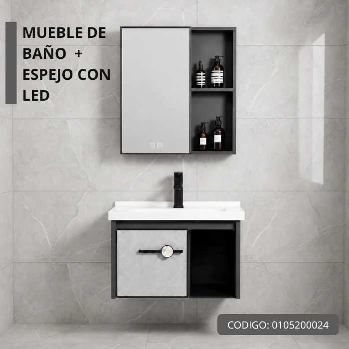 MUEBLE DE BAÑO DE FIBRA DE CARBON + ESPEJO CON LED Y FUNCION ANTIEMPAÑO - SH602 GRIS - FRATELLI - 2