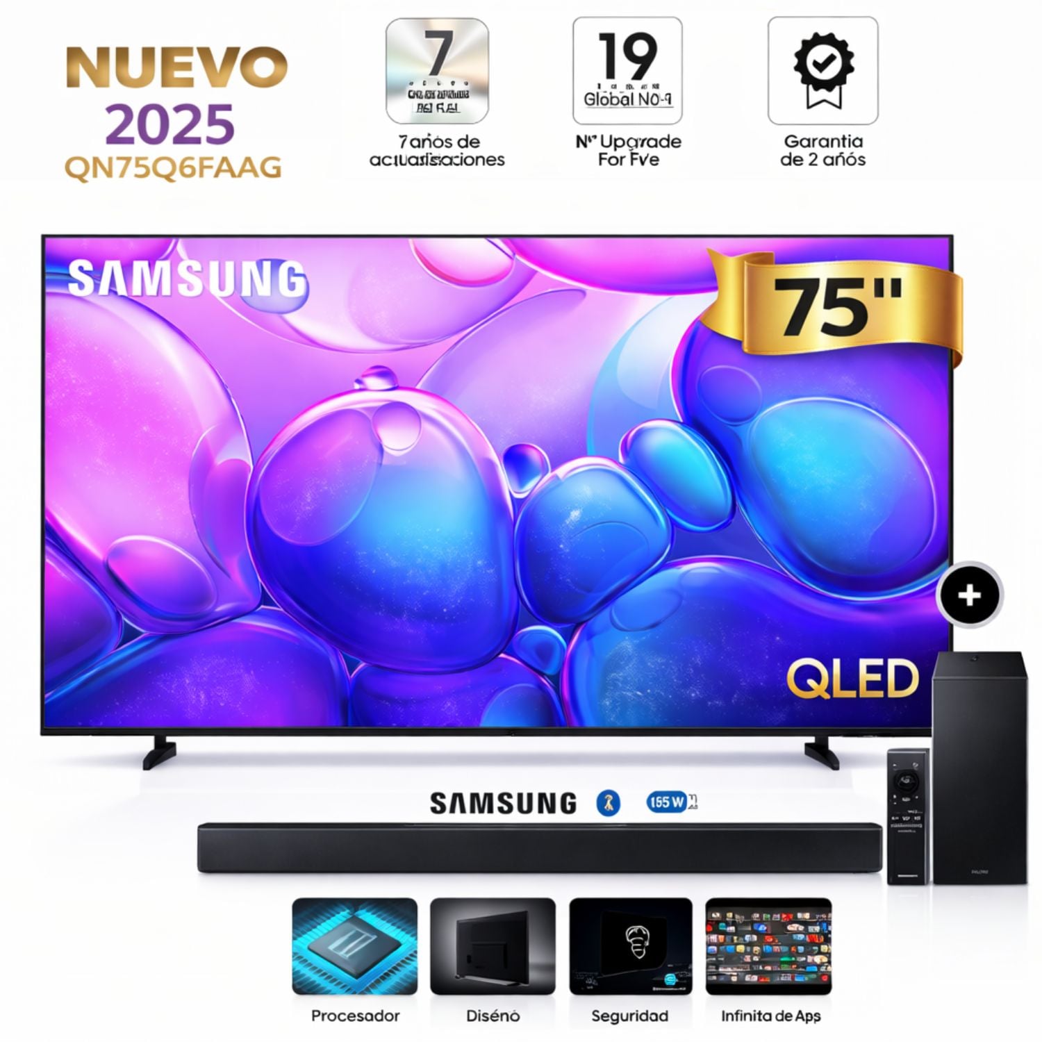 TELEVISOR SAMSUNG 75' QLED QN75Q6FAAGXPE 4K UHD TIZEN 2025 + SOUNDBAR SAMSUNG HW-B450F - 1