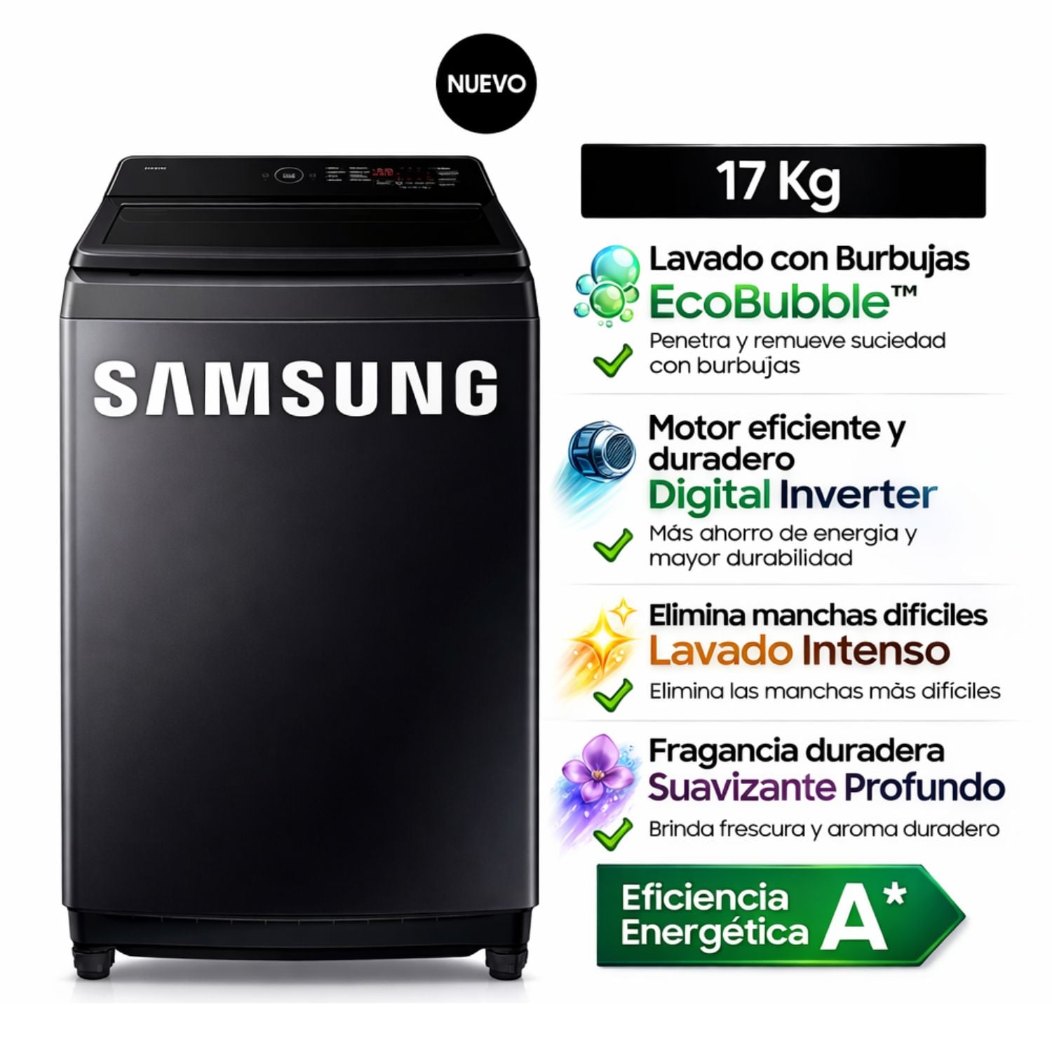 LAVADORA SAMSUNG 17KG  WA40F17E7CPE  ECOBUBBLE GRIS GRAFITO - 1