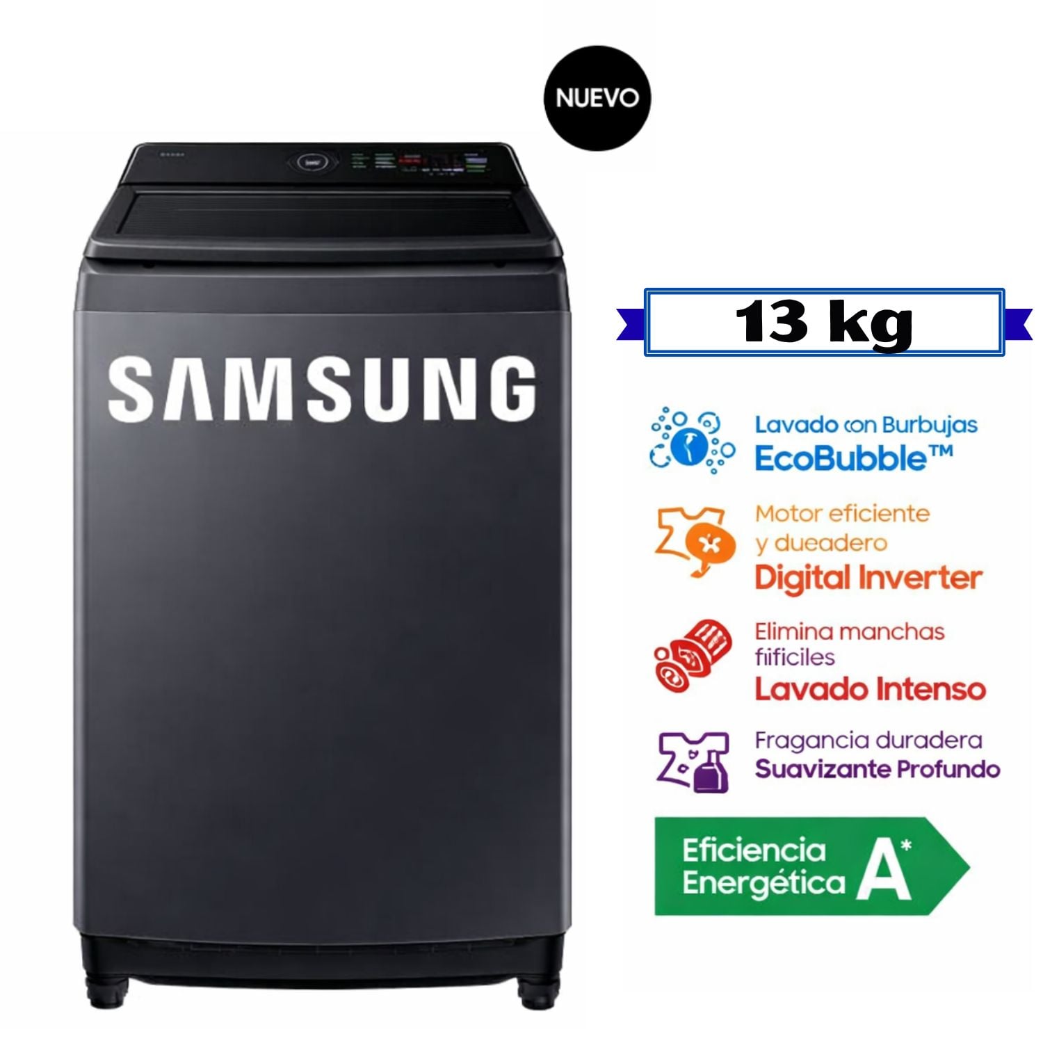 LAVADORA SAMSUNG 13KG ECOBUBBLE WA40F13E4CPE GRIS GRAFITO - 1
