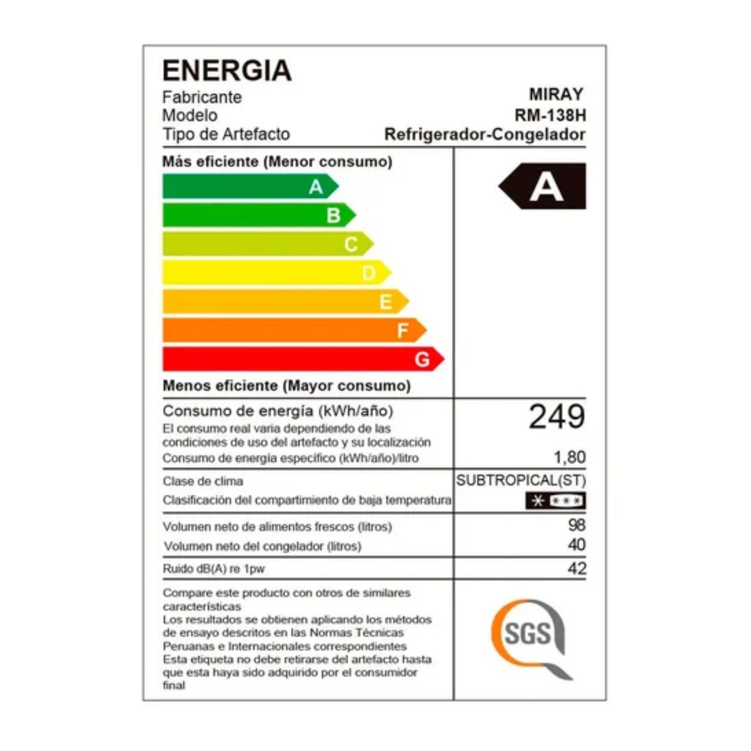 REFRIGERADORA MIRAY RM-138H EUROFRÍO 138L - 7