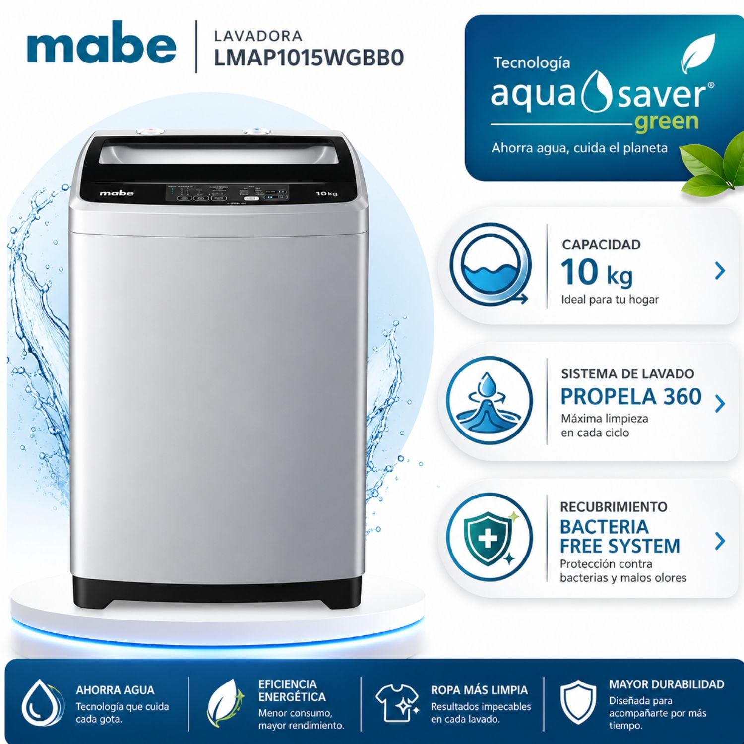 LAVADORA MABE DE 10 KG SILVER LMAP1015WGBB0 AUTOMÁTICA - 1