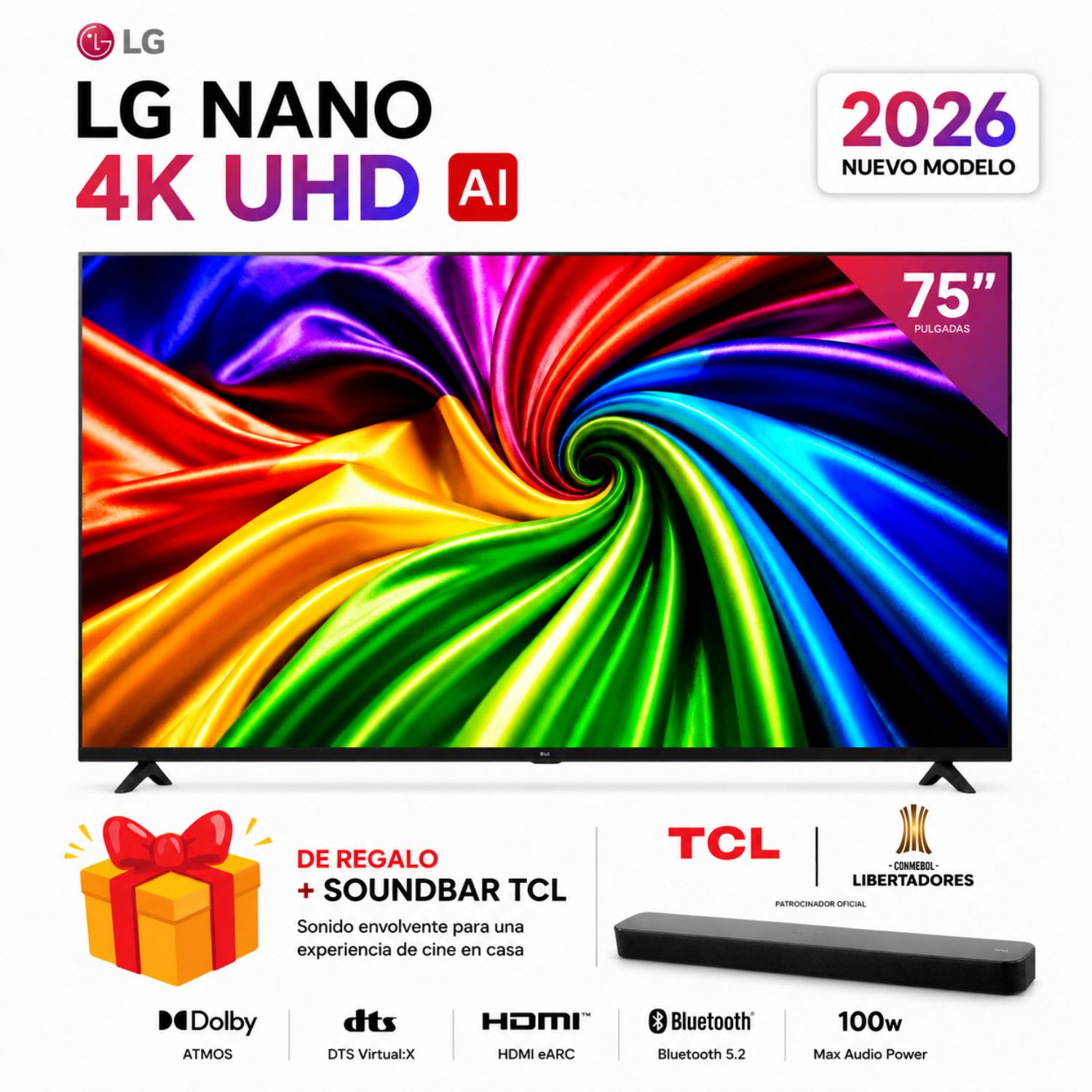 TELEVISOR LG 75' NANO 75NU800BPSB 4K UHD AI SMART TV 2026 + SOUNDBAR TCL - 1