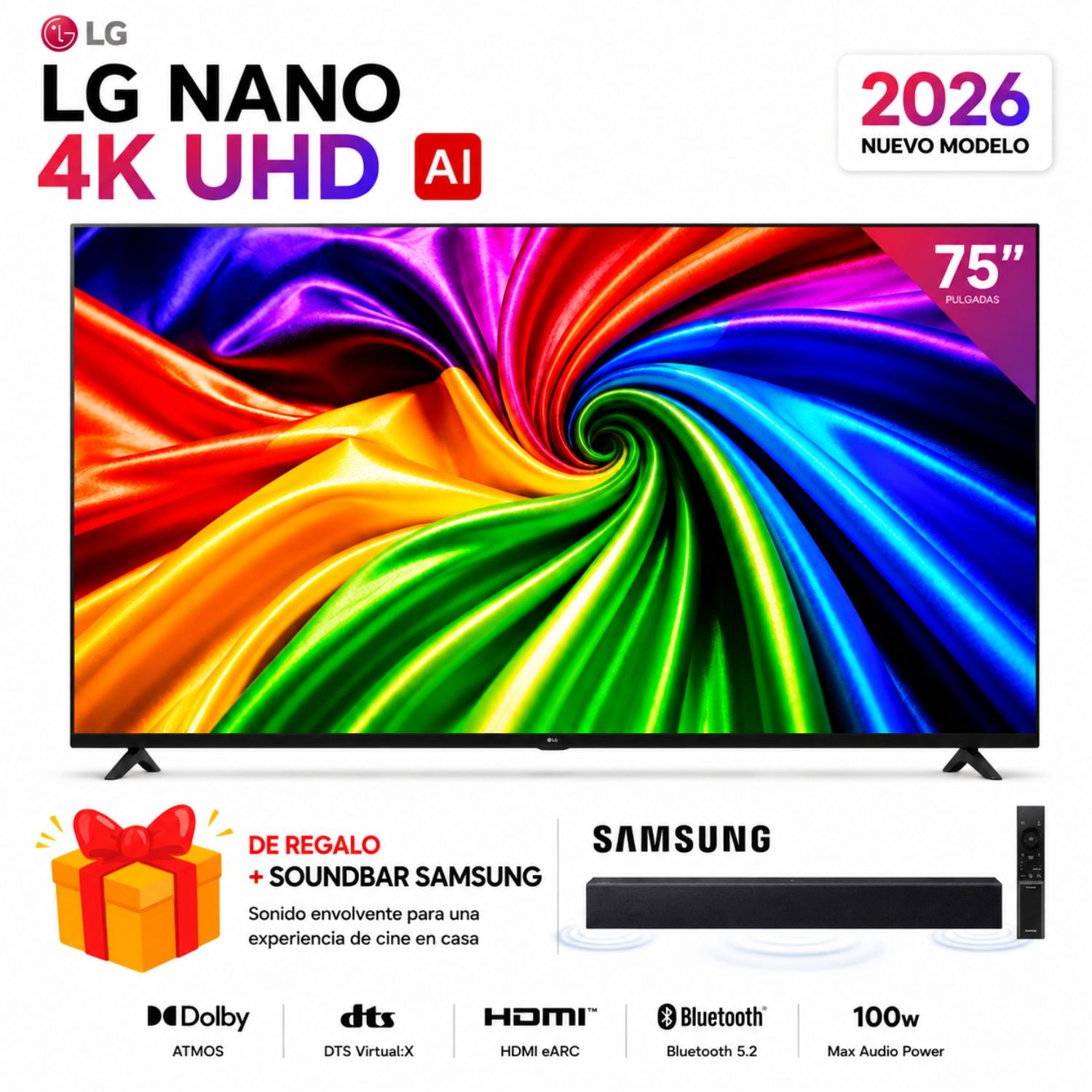 TELEVISOR LG 75' NANO 75NU800BPSB 4K UHD AI SMART TV 2026 + SOUNDBAR SAMSUNG - 1