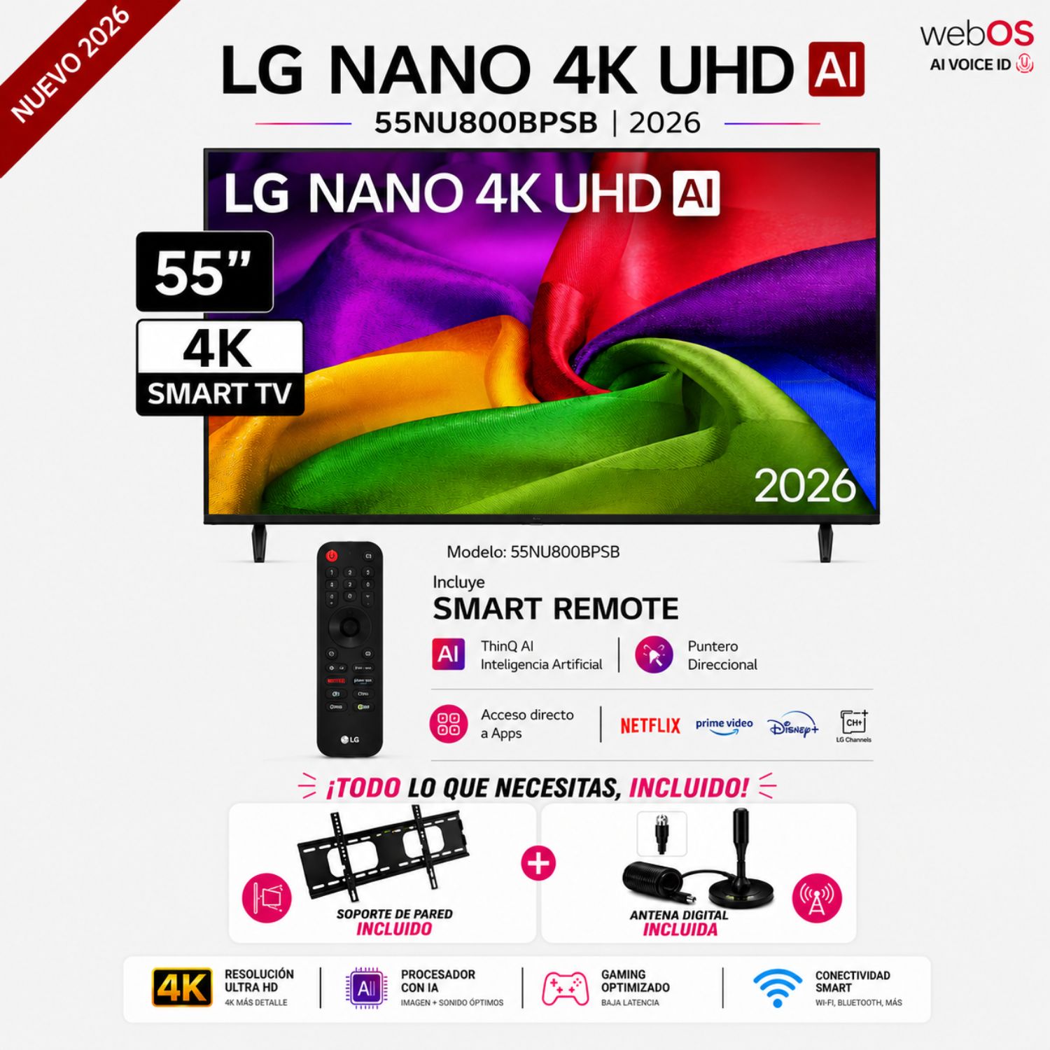 TELEVISOR SMART TV LG 4K ULTRA HD 55” 55NU800BPSB + RACK + ANTENA DIGITAL - 1