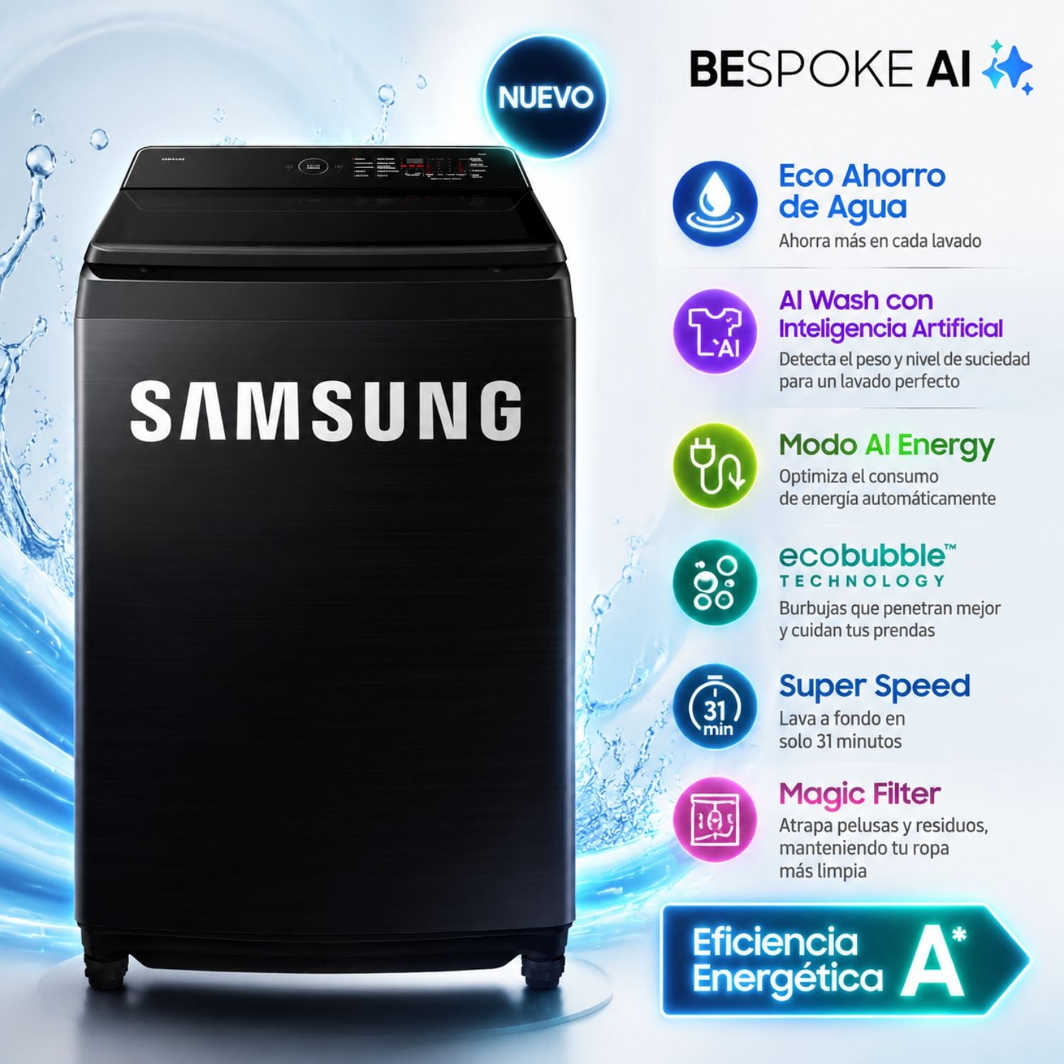 LAVADORA SAMSUNG 19KG AI WASH ECOBUBBLE CARGA SUPERIOR NEGRA WA80F19S8BPE - 1
