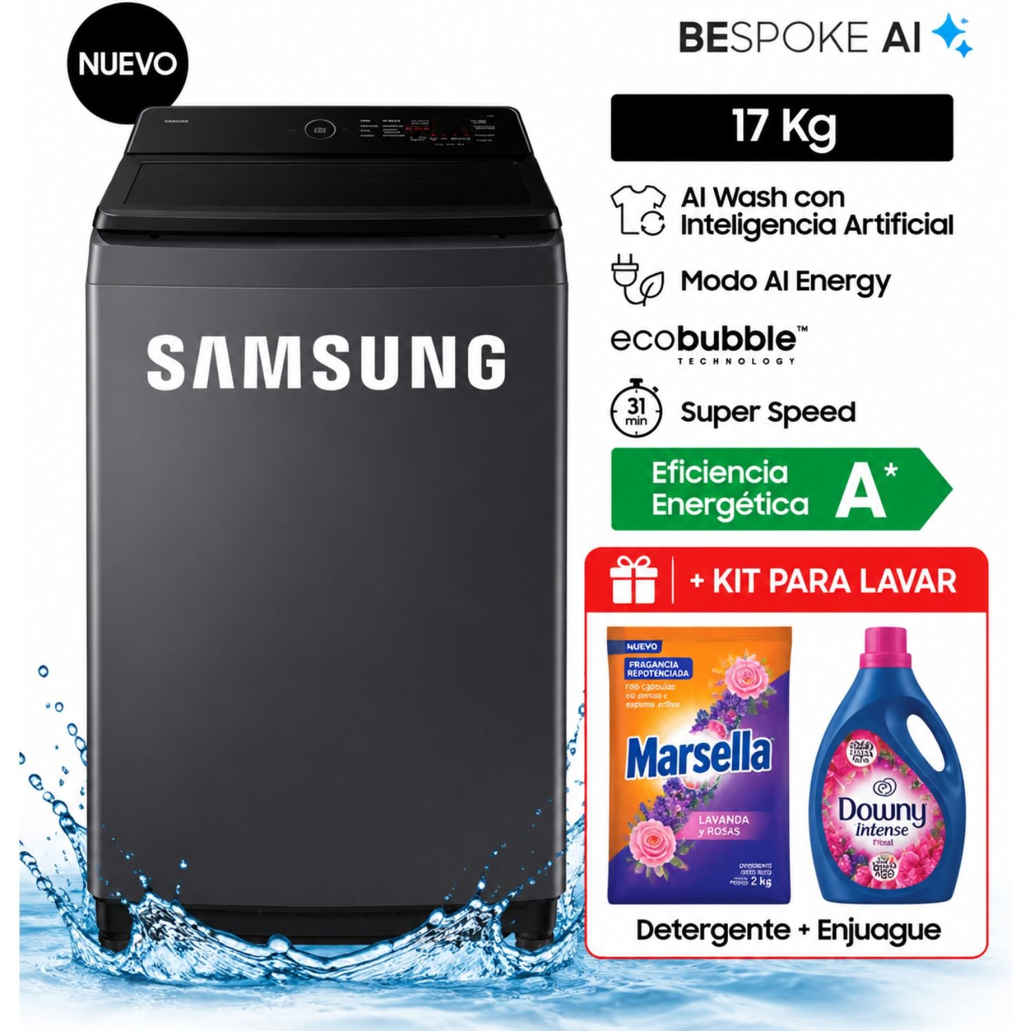 LAVADORA SAMSUNG 17KG WA40F17E7CPE ECOBUBBLE GRIS GRAFITO + KIT PARA LAVAR - 1