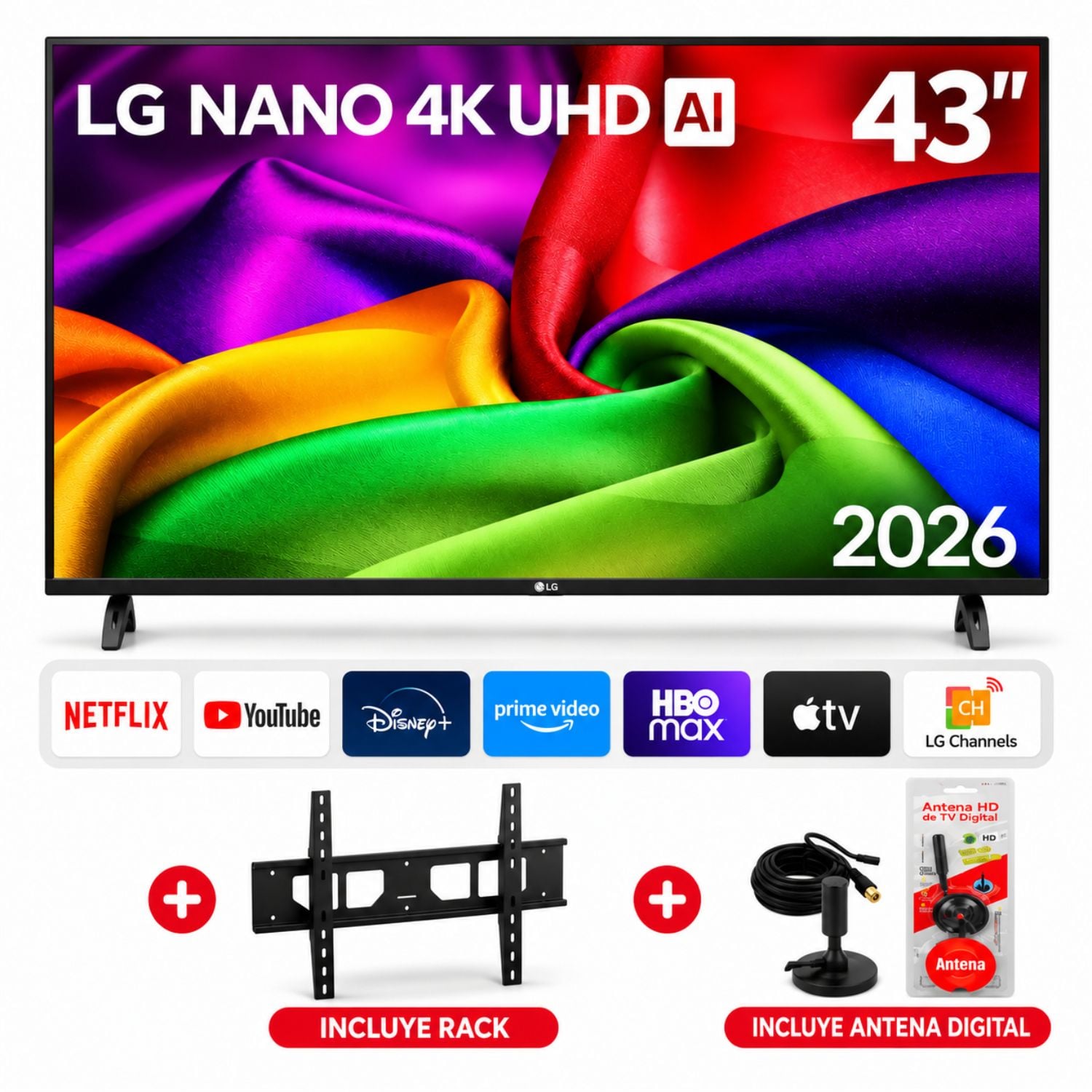 TELEVISOR LG 43” NANO 4K UHD SMART TV AI – 43NU800BPSC + RACK + ANTENA DIGITAL - 1