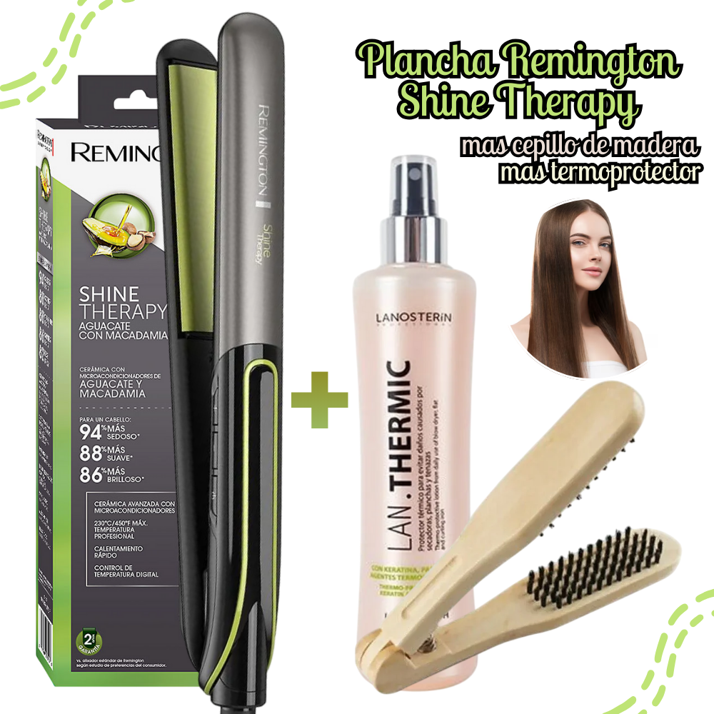 TRICOMBO PLANCHA ALISADORA REMINGTON SHINE THERAPY S12A + SPRAY + PEINE - 1