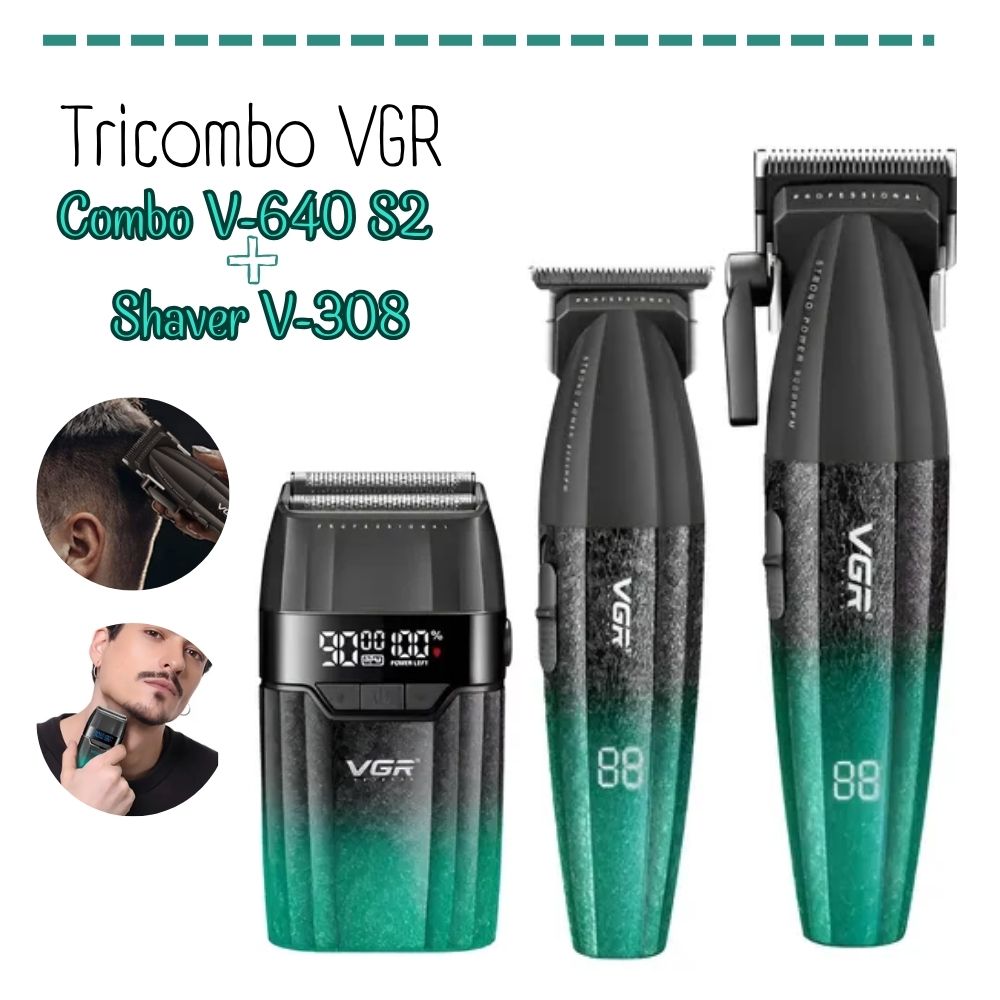 TRICOMBO BARBER VGR TRIMMER + CLIPPER + SHAVER V-640 S3 VERDE - 1