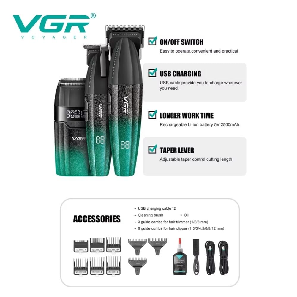 TRICOMBO BARBER VGR TRIMMER + CLIPPER + SHAVER V-640 S3 VERDE - 4